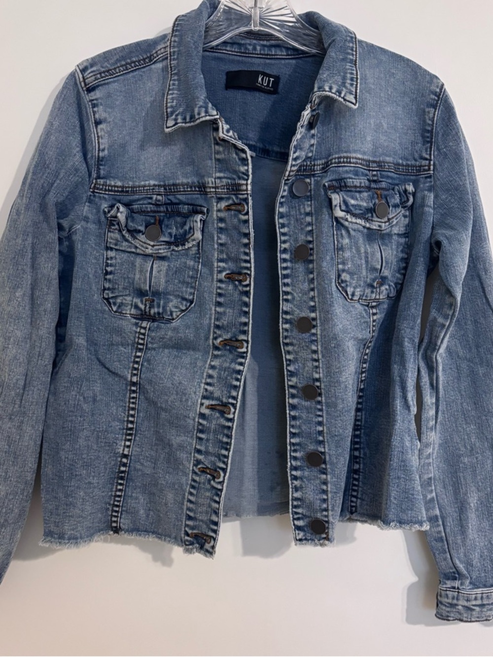 Kut from the Kloth Light Blue Denim Jacket with Black Label Patch